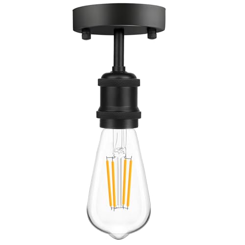 Single Head Semi Flush Mount Ceiling Light, Retro E27 Lamp Ceramic Holder, Industrial Kitchen Ceiling Light Fixture (Black) - Image 3