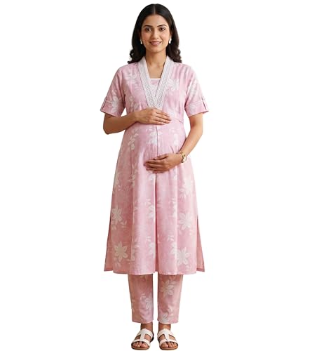 Image of DUMMY SHAPE Maternity Dresses for Women Cotton | Floral Kurta Pant Dupatta Set with Nursing Zippers, Side Pocket | Pre & Post Pregnancy | Feeding Kurti Suit | Baby Shower | Gifts for Pregnant Woman