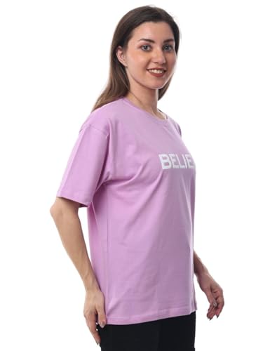 Image of Women's Bohemian Oversized Tee in Pure Cotton with Intricate Print, Offering Comfort and Style for Any Occasion (Purple)
