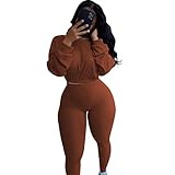 MIACUTEFIT Ribbed Sweatsuits for Women Set 2 Piece Sexy Casual Long Sleeve Top Bodycon Long Pants Set Tracksuit Brown M