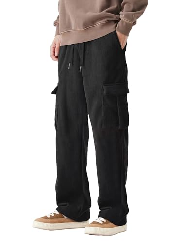 PLEPAN Mens Cargo Corduroy Pants Elastic Waist Drawstring Sweatpants Casual Pant Loose Fit Black 3X-Large