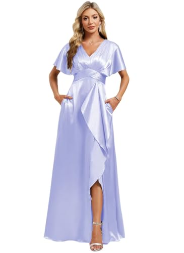 Image of Elegant Satin Bridesmaid Dress with Sleeves Ruffles High Silt Formal Dresses Long for Women Fall DIN022