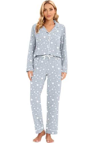 Image of LUBOT 100% Cotton Pajamas for Women Pajama Set 2 Piece PJ Sleepwear Set Soft Ladies Button Knit Long Sleeve Loungewear XS-XXL
