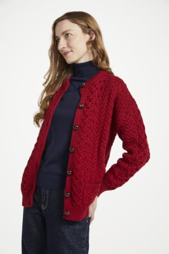 Image of Aran Woollen Mills Achill Women's Irish Cable Knit Aran Cardigan, 100% Merino Wool, Made in Ireland, Cream