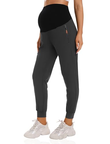 Foucome Pantalones deportivos de maternidad para mujer, de secado rápido, bolsillos con cremallera, pantalones quirúrgicos para embarazo, gris, L