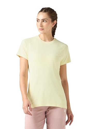 TECHNOSPORT Women's Slim Fit Round Neck Half Sleeves T-Shirt for Gym, Running & Sports - (WTW105YLW_Yellow_L)