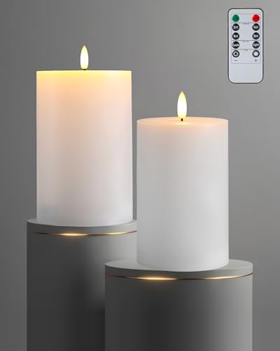 Image of Gmnee 4 inchx6 inch Flickering Flameless Candles with Remote Timer, Real Wax, White | 2 Pack 4 inch Diameter Extra-Large Pillar Candles, LED Candles, Battery Operated Candles for Table and Fireplace Decor (H 6 inch)
