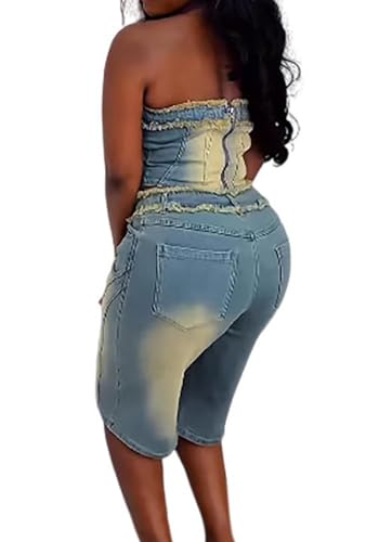 Women Fashion 2 Piece Denim Sets Sexy Tube Crop Tops and High Waisted Short Jeans Fascinating Jean Outfits Streetwear3