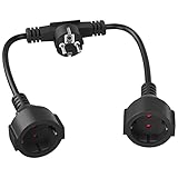 Steckdosenadapter als wetterfeste Doppelsteckdose Außen, Doppelstecker für Steckdose 2fach mit Flachstecker (U-Stromkabel für Innen/Außen), 13A 250V 3250W, Schwarz