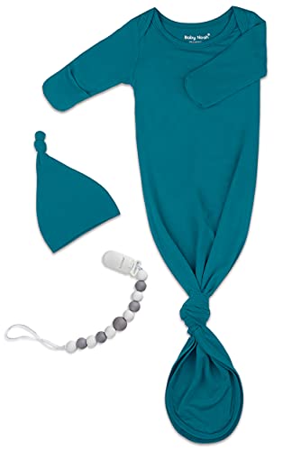 Image of Knotted Gown Baby Newborn Hospital Outfit, Modal Infant Sleeper Gowns with Pacifier Clip and Hat Set, Nightgowns 0-3 Months