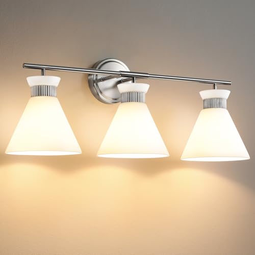 WOSHITU Nickel Bathroom Vanity Light Fixtures: Vanity Lighting Fixtures Over Mirror 23.4 inch with Milky White Frosted Glass, 3-Lights Vanity Light Above Mirror Bathroom Wall Light(Exclude Bulb)