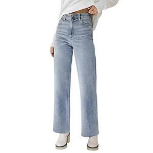 KDF Straight Leg Jeans for Women High Waisted Jeans Frayed Baggy Pants Raw Hem Loose Stretchy Cropped Wide Leg Jeans