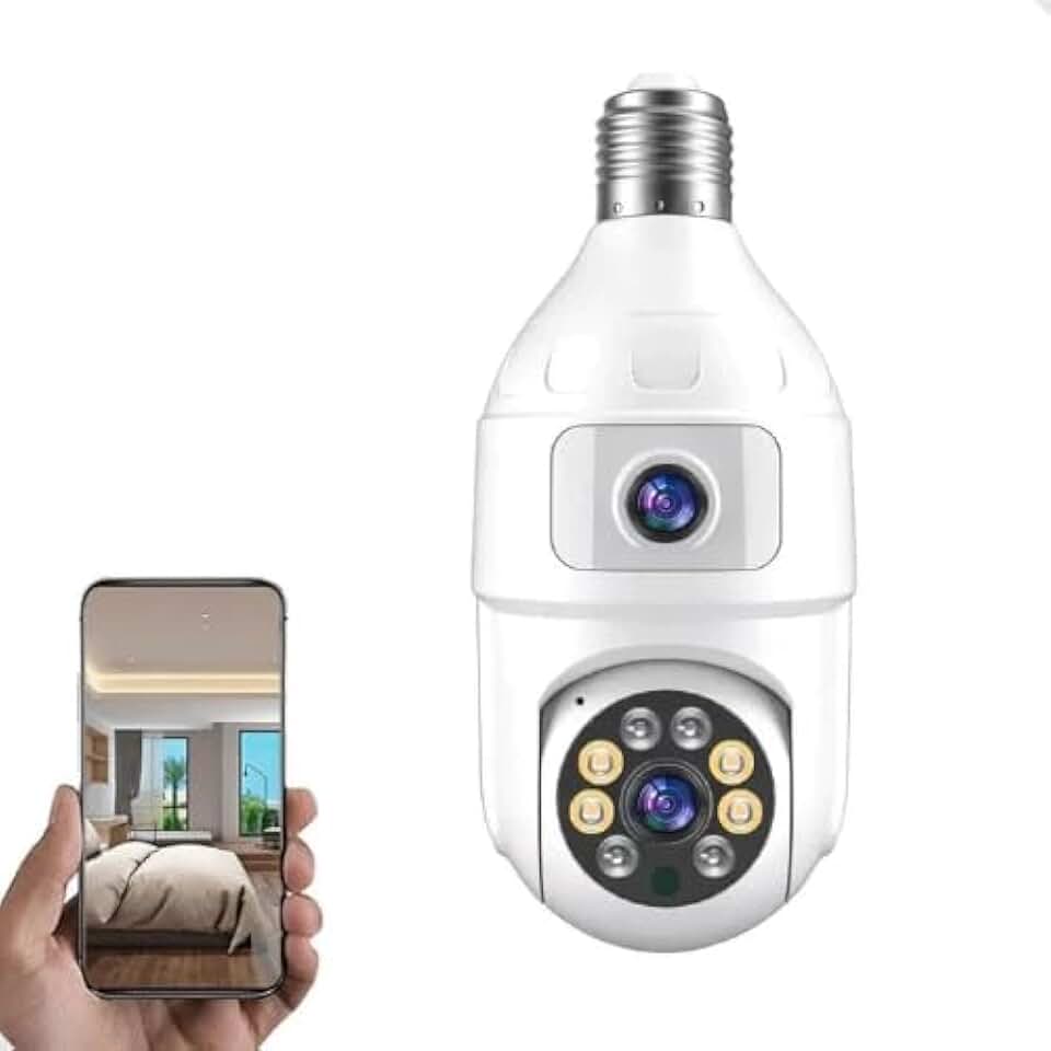 Câmera de Segurança Wi-Fi 360° Tipo Lâmpada com Dupla Lente, Visão Noturna, Detecção de Movimento e Monitoramento por App
