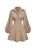 SweatyRocks Langarm Kleid Damen Hemdblusenkleid A Linie Herbstkleid Gothic Kleid Kurz Minikleid Mit Knöpfen Winterkleid Blusenkleid Khaki M