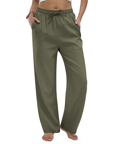 TOPYOGAS Women's Linen Casual Pants High Waist Drawstring Lounge Pant Summer Boho Straight Trousers with Pockets Army Green