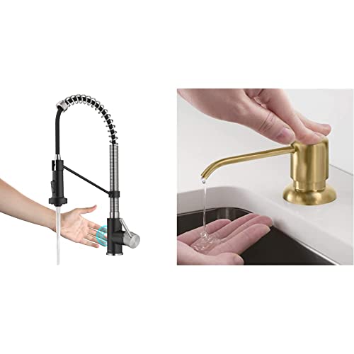Kraus Bolden Touchless Sensor Commercial Style Pull-Down Single Handle 18-Inch Kitchen Faucet In Spot-Free Stainless Steel/Matte Black & Boden Kitchen Soap And Lotion Dispenser In Brushed Brass #TOP19