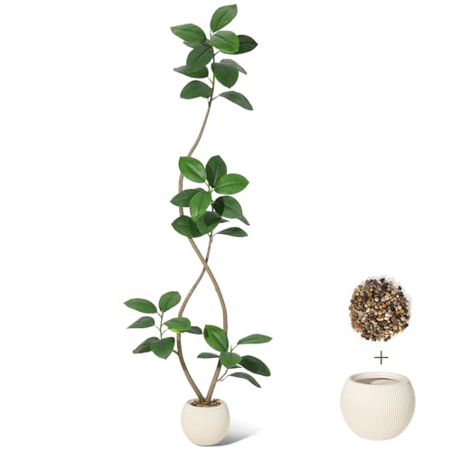 7FT Artificial Plant Rubber Tree with Off White Sphere Resin Planter & Stone Faux Fiddle Leaf Fig Tree Indoor Artificial Tree Tall Plant Fake Tree Tropical Large Floor Tree Real Touch for Home Decor