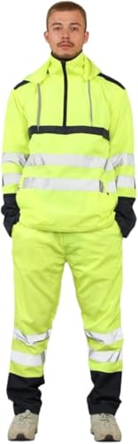Image of ANZEE Men Hi Vis Rain Suit - Mens High Visibility 2 Piece Waterproof Reflective Tape Band Safety Lightweight Hooded Top Trouser Hi Viz Puddle PVC Workwear Rainsuit Jacket S-XXL (Yellow, XL)