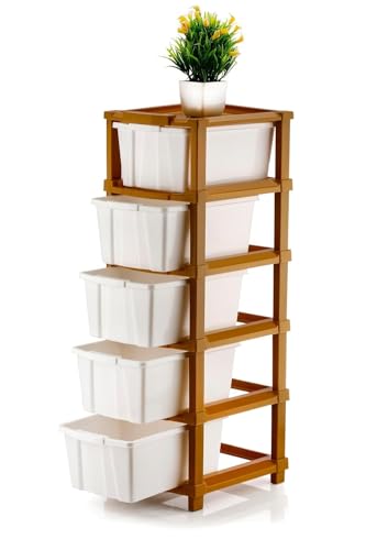 Image of 5XL Plastic Modular Drawer System for Home, Office, Hospital, Parlor, School, Doctors, Home and Kids, Product Dimension When assembeled (27cmx32cmx85 cm) (WHITE & BROWN, 5XL)