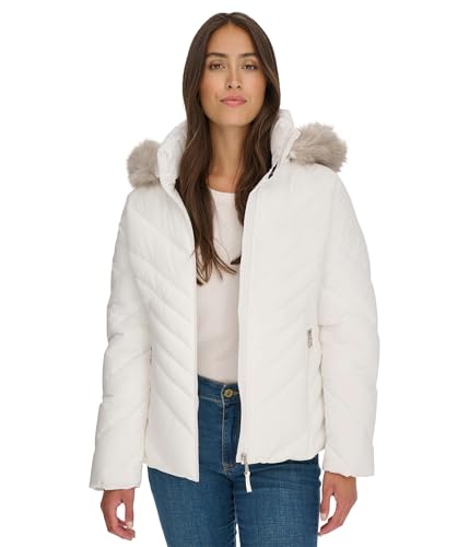 Tommy Hilfiger Women's Faux Fur Trimmed Short Puffer White Small