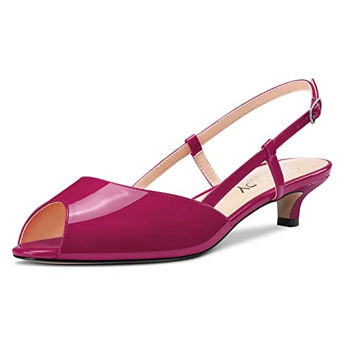 MAGIOPY Femmes Bas Kitten Talon Heel Ouvert Bout Sandales Slip-on Slingback Mariage Party 3.5 CM Heels Magenta Rouge 40 EU Cover