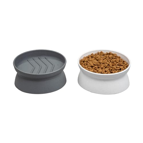 Image of Kitty City Elevated Slow Feeder Cat Bowls (Set of 2), Whisker-Friendly Raised Cat Food Dishes with Ridges, Helps Reduce Fast Eating & Digestion Issues, Dishwasher Safe, 6.5 oz - White & Gray