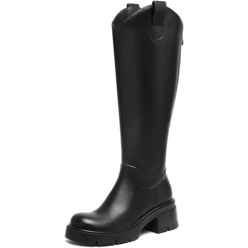 Knee High Boots for Women 2.5 Inch Heel Round Toe Chunky Block Platform Boots with Rear Zipper Tall Fall Boots for Everyday Casual Dress Wear