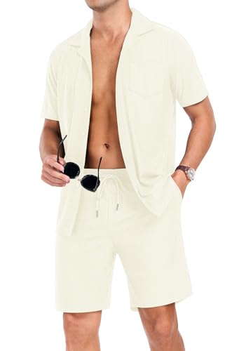 PrinStory Mens Short Sleeve Outfits 2 Piece Summer Beach Button Down Shirts and Shorts Set Tracksuit with Pockets2