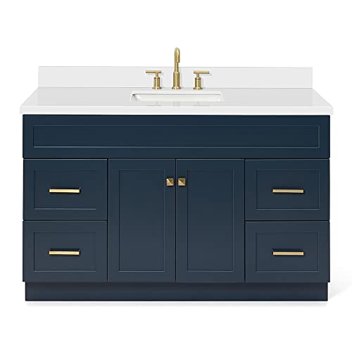 Ariel 55" Inch Midnight Blue Bathroom Vanity W/ 1.5" Edge Pure White Quartz Countertop & Splash | Rectangle Sink | 2 Soft Closing Doors | 4 Full Extension Dovetail Drawers | Toe Kick | Satin Nickel #TOP27