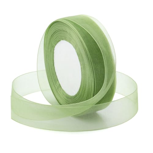 Sentoyou Green Ribbon for Gift Wrapping 1 inch 50Yard Sage Green Sheer Organza Ribbon for Flower Bouquet Crafts Gifts Wrap Chiffon Fabric Ribbons for Birthday Wedding Christmas Easter Decoration