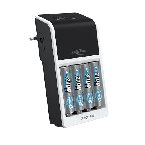 ANSMANN Comfort Plus - Caricatore + 4 batteries ANSMANN AA da 2100 mAh, compatible with 1-4 batteries NiMH Micro AAA/Mignon AA or 1-2 AAA/AA and an E-Block NiMH da 9 V