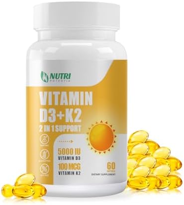 Vitamin D3 K2 with MCT Oil, Vitamin D3 5000 IU and K2 100mcg, Formula 2 in 1 for Bone and Heart Health, Gluten Free - 60 Count Softgels