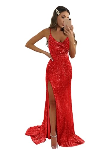 Mermaid Prom Dresses for Women with Slit Sparkly Sequins Cowl Neck Formal Evening Party Gown