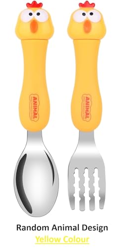 Image of Tableware Cartoon Kids 1 Spoon and 1 Fork Set, Dessert Spoon for Children, Pasta Fork Baby Cutlery for Kids, Stainless Steel Body with Polypropylene Handles (Random Design, Yellow)