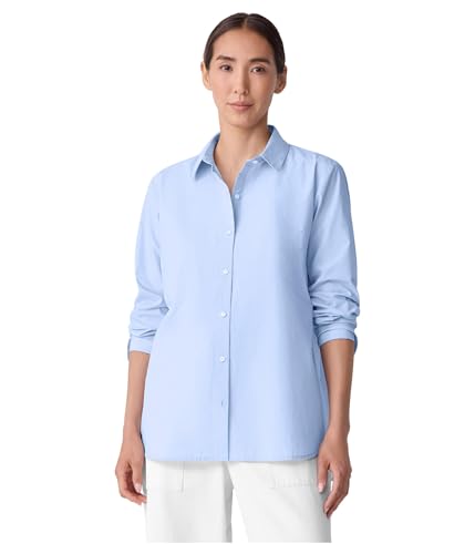 Eileen Fisher Womens Striped Poplin Classic Collar Long Shirt Myrtle Medium