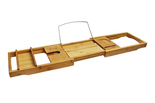 Purica Wooden Bath Caddy - Luxury Bathtub Caddy Tray with Accessory Holders for Book, Candle, Wineglass and More - Fully Adjustable and Compatible with Most Tub Sizes - Made Bamboo