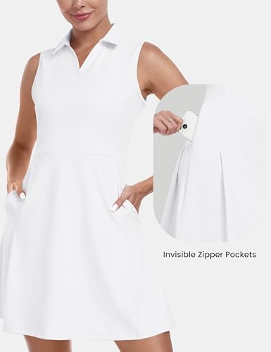MoFiz Tenniskleid mit Hose Damen Ärmellos V-Ausschnitt Sommer Golf Sportkleider Freizeitkleider Polokleid mit Reißverschlusstaschen Weiß EU S