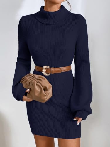 Image of Turtleneck Sweater Dress for Women Lantern Sleeve Mini Bodycon Ribbed Knit Sweater Pullover Short Dresses XS-XXL