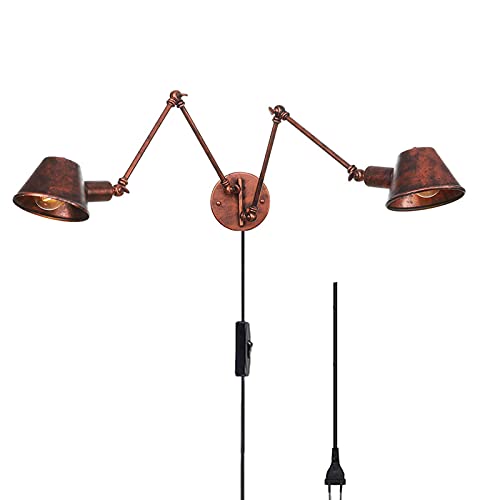 Applique da parete industriale a 2 luci con braccio lungo e interruttore, lampada da parete regolabile E27 da lettura vintage con spina, applique da parete con braccio oscillante per ufficio