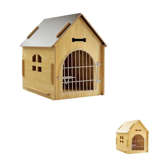 Zekono 木製のペット用ドッグルームは分解可能で、四季折々の猫の巣を簡単に設置できます。屋内と屋外の木製ハウス犬用ケージ (011 赤松の鉄門,XL79.5*55*74)
