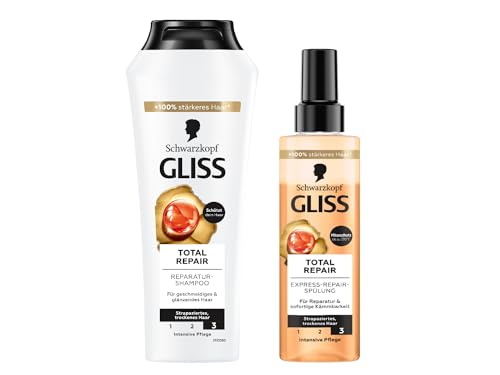 Gliss Shampoo Total Repair (250 ml), Haarshampoo mit flüssigem Keratin & Blüten-Nektar, Pflegeshampoo & Express-Repair-Spülung Total Repair (200 ml), Haarspülung Pflegespülung mit Hitzeschutz