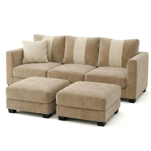 Image of Revo 5 Seater L Shape Sofa Set with 2 Movable Ottomans | Flexible Layout | Luxury Velvet Suede Fabric | Modern Living Room Sofa | Beige