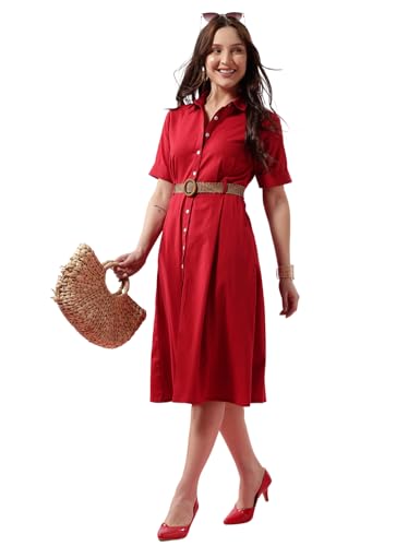 Image of FYLTR Women's Solid Midi Dress - 100% Cotton | Half Sleeve | Western Dress for Women | Office wear Dress (Belt Included)