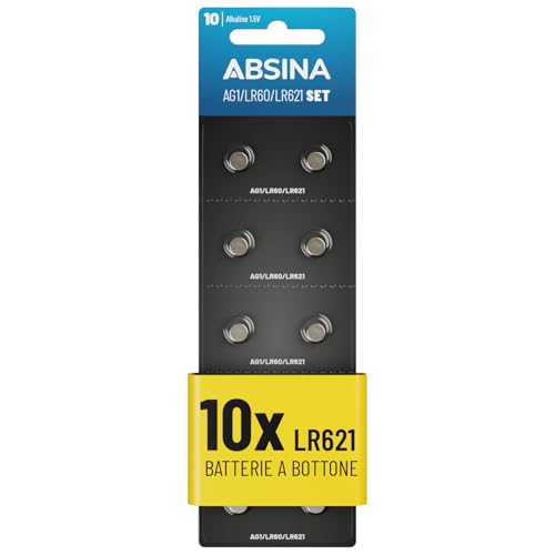 ABSINA 10x SR621SW AG1 LR621 Pile a bottone Alkaline - Batteria 364 orologio da 1,5V a prova di perdite e di lunga durata - LR60 / SR60 / 1175S0 / 164/602 / 364 / SR621 - Pile orologio da polso
