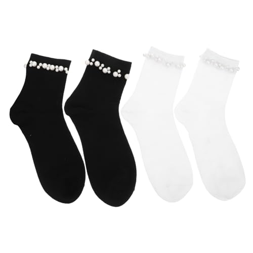 2pairs Women Pearl Decor Casual Socks Short Tube Socks in Comfortable Blend Moisture-absorbing Breathable Design Everyday Wear