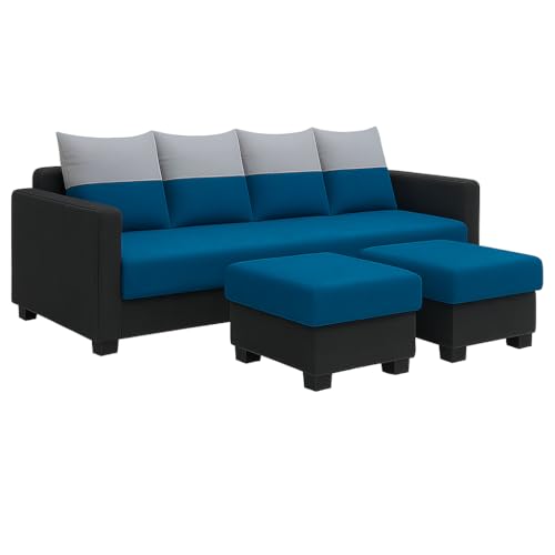 Image of SOCOZI Konva 6 Seater L Shape Sofa Set with 2 Movable Ottomans | Flexible Layout | Soft Velvet Suede Fabric | Modern Design | Plush Comfort Cushions for Living Room (Light Grey-Teal Blue-Dark Grey)