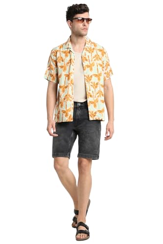 Image of Dennis Lingo Men's Rayon White Printed Relaxed Fit Cuban Collar Half Sleeve Casual Shirt