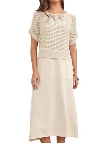AIWUFLY Summer Work Outfits for Women, Women’s 2-Piece Knit Dress Set - Summer Crochet Top & Sleeveless Flowy Sweater Dress with Pockets