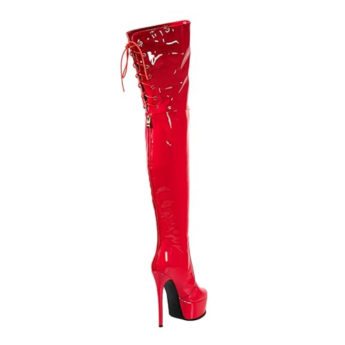 Image of Shiny leather Thigh high boots for Women Stiletto heel Platform Over the knee Round toe back zipper Sexy Front Strappy high heel Cosplay Custume unisex boots