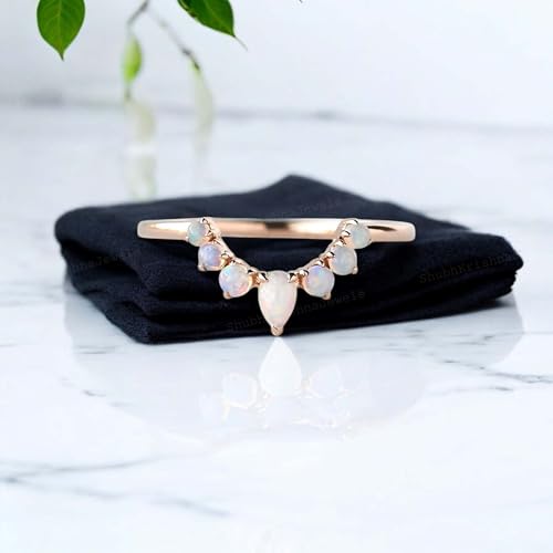Pear And Round Shape Vintage Fire Opal V Shape Bridal Stacking Matching Band 18K Rose Gold Art Deco Wedding Promise Band October Birthstone Birthday Gift For Love3